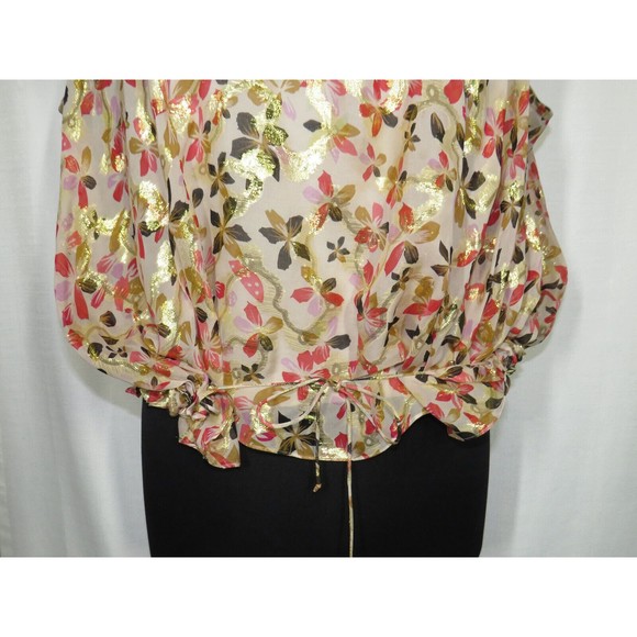 Diane Von Furstenberg Silk Blouse Cream Gold Pink Floral Drawstring, Size 12 - Picture 12 of 13